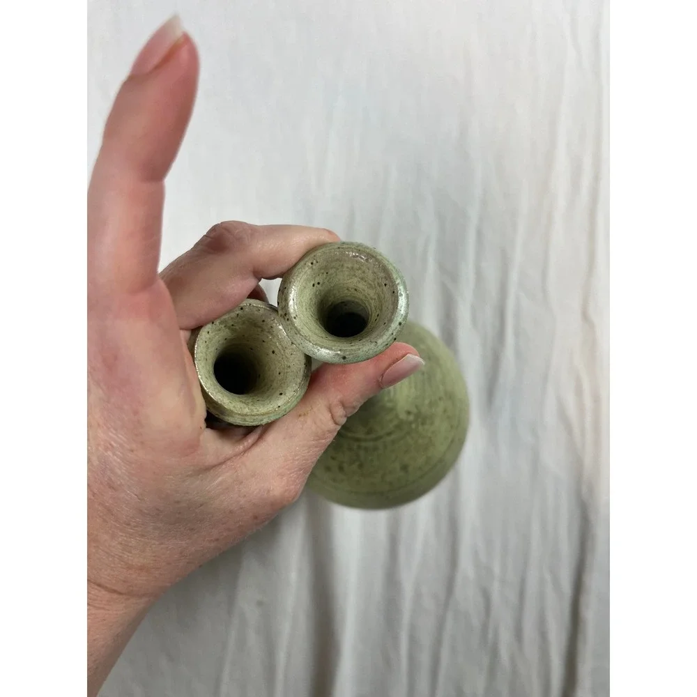 Studio Pottery Bud Vases Pair Sage Green Speckled Glaze Signed Ceramic 9.5